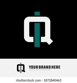 Initial letter I, Q, IQ or QI overlapping, interlock, monogram logo, white and green color on black background