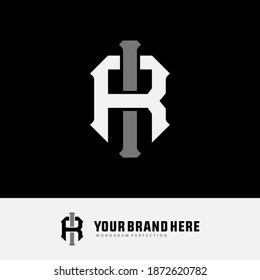 Initial letter I, R, IR or RI overlapping, interlock, monogram logo, white and gray color on black background
