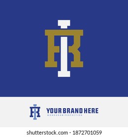 Initial letter I, R, IR or RI overlapping, interlock, monogram logo, white and gold color on blue background