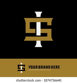 Anfangsbuchstaben I, S, IS oder SI überschneiden sich, Verriegelung, Monogramm-Logo, Weiß- und Goldfarbe auf schwarzem Hintergrund