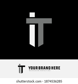 Initial letter I, T, IT or TI overlapping, interlock, monogram logo, black and gray color on black background