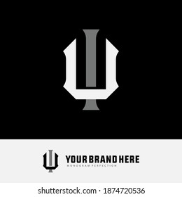 Initial letter I, U, IU or UI overlapping, interlock, monogram logo, white and gray color on black background