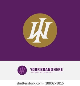 Initial letter I, W, IW or WI overlapping, interlock, monogram logo, white and gold color on purple background