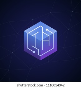 Initial letter IA, block chain, looping mono line circuit letter on hexagon cube logo, blue magenta gradient color on black blue network background