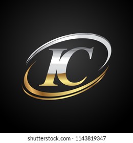 initial letter IC logotype company name colored gold and silver swoosh design. isolated on black background.