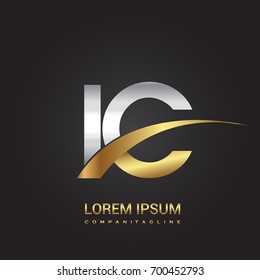 initial letter IC logotype company name colored gold and silver swoosh design. isolated on black background.