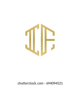 Initial letter IF, minimalist line art hexagon shape logo, gold color