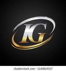 initial letter IG logotype company name colored gold and silver swoosh design. isolated on black background.
