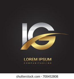 initial letter IG logotype company name colored gold and silver swoosh design. isolated on black background.