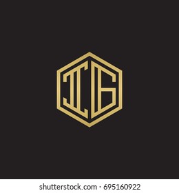 Initial letter IG, minimalist line art hexagon logo, gold color on black background