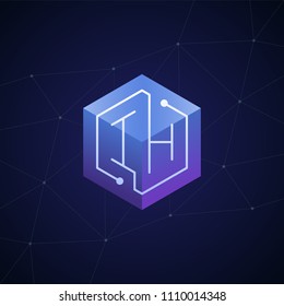 Initial letter IH, block chain, looping mono line circuit letter on hexagon cube logo, blue magenta gradient color on black blue network background