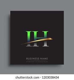 initial letter IH logotype company name colored green and gold swoosh design. vector logo for business and company