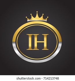 initial letter IH logotype company name with oval shape and crown, gold and silver color. vector logo for business and company identity