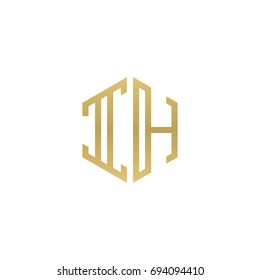 Initial letter IH, minimalist line art hexagon shape logo, gold color