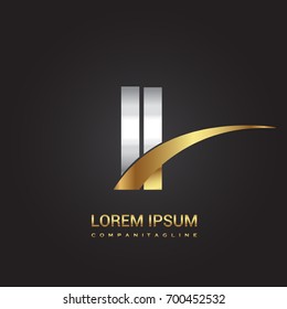 initial letter II logotype company name colored gold and silver swoosh design. isolated on black background.