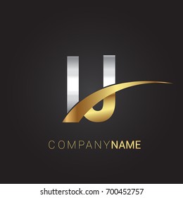 initial letter IJ logotype company name colored gold and silver swoosh design. isolated on black background.