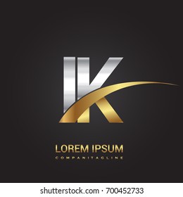 initial letter IK logotype company name colored gold and silver swoosh design. isolated on black background.