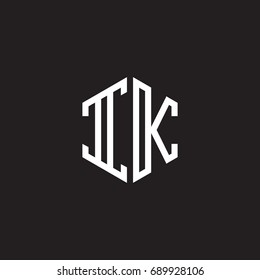 Initial letter IK, minimalist line art monogram hexagon shape logo, white color on black background