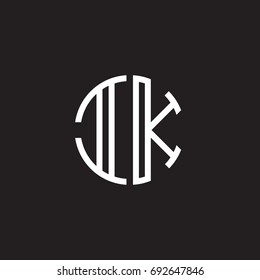 Initial letter IK, minimalist line art monogram circle shape logo, white color on black background