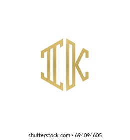 Initial letter IK, minimalist line art hexagon shape logo, gold color