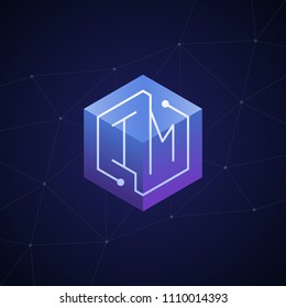 Initial letter IM, block chain, looping mono line circuit letter on hexagon cube logo, blue magenta gradient color on black blue network background