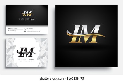 initial letter IM logotype company name colored gold and silver swoosh design. Vector sets for business identity on white background.