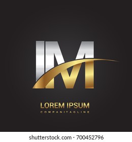 initial letter IM logotype company name colored gold and silver swoosh design. isolated on black background.