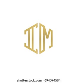 Initial letter IM, minimalist line art hexagon shape logo, gold color