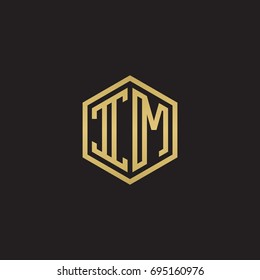 Initial letter IM, minimalist line art hexagon logo, gold color on black background