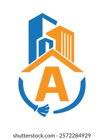 Initial Letter A Industrial Cleaning Logo Concept With Cleaning Brush and Building Symbol. Broom Sign