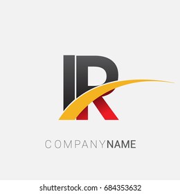 initial letter IR logotype company name colored red, black and yellow swoosh design. isolated on white background.
