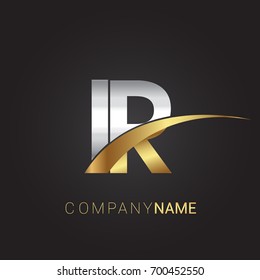 initial letter IR logotype company name colored gold and silver swoosh design. isolated on black background.