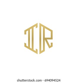 Initial letter IR, minimalist line art hexagon shape logo, gold color