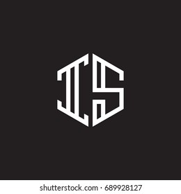 Initial letter IS, minimalist line art monogram hexagon shape logo, white color on black background