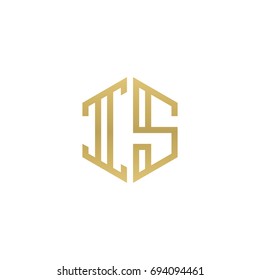 Initial letter IS, minimalist line art hexagon shape logo, gold color