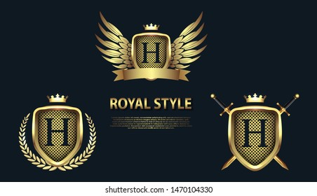 Initial letter Н isolated on different shields. Set of modern heraldic shields with crowns. 3D letter monogram various shapes in golden style. Design elements for logo, label, emblem, brand, name.