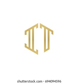 Initial letter IT, minimalist line art hexagon shape logo, gold color