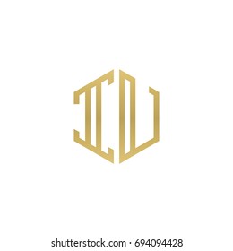 Initial letter IU, minimalist line art hexagon shape logo, gold color