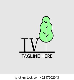 Letra inicial IV con el logotipo del árbol verde. Mínimo, sencillo y único.