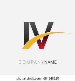 initial letter IV logotype company name colored red, black and yellow swoosh design. isolated on white background.
