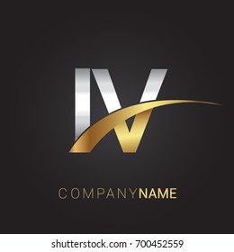 initial letter IV logotype company name colored gold and silver swoosh design. isolated on black background.