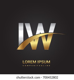 initial letter IW logotype company name colored gold and silver swoosh design. isolated on black background.