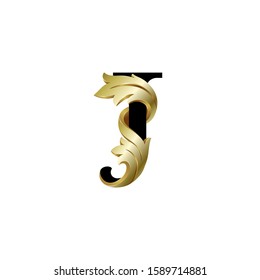 Initial letter J, 3D luxury golden leaf overlapping black sherif font on white background