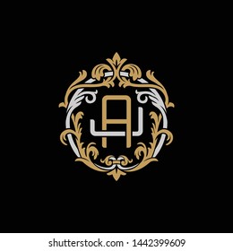 Initial letter J and A, JA, AJ, decorative ornament emblem badge, overlapping monogram logo, elegant luxury silver gold color on black background