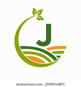 Initial Letter J Agriculture And Farming Logo Combine With Field and Leaf Symbol