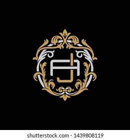 Initial letter A and J, AJ, JA, decorative ornament emblem badge, overlapping monogram logo, elegant luxury silver gold color on black background