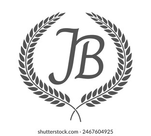 Letra inicial J y B, diseño del logotipo del monograma de JB con corona de laurel. Fuente de caligrafía de lujo.
