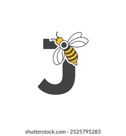 Diseño inicial del logotipo de la abeja de la letra J. Abeja de la miel con la letra J en el logotipo de las alas o el concepto de ilustración del diseño de la abeja del Vector del icono .