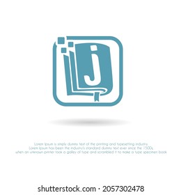 Letra inicial j con ícono de libro y píxel para libro digital, libro electrónico, e-learning, educación, tecnología, aplicaciones de literatura, librería, empresa editorial Idea de logotipo