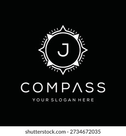Letra inicial J compass terra aventura GPS navegação logotipo design vetor modelo